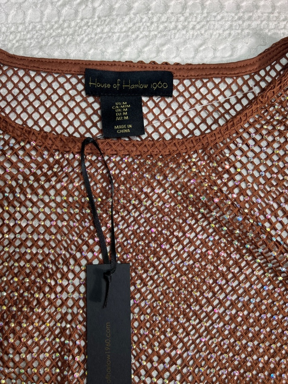 House of Harlow 1960 Brown Mesh Long Sleeve Rhinestone Top size M - Picture 2 of 6
